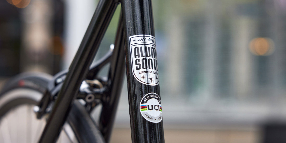All-City Thunderdome bike close-up of seat tube UCI certified decal
