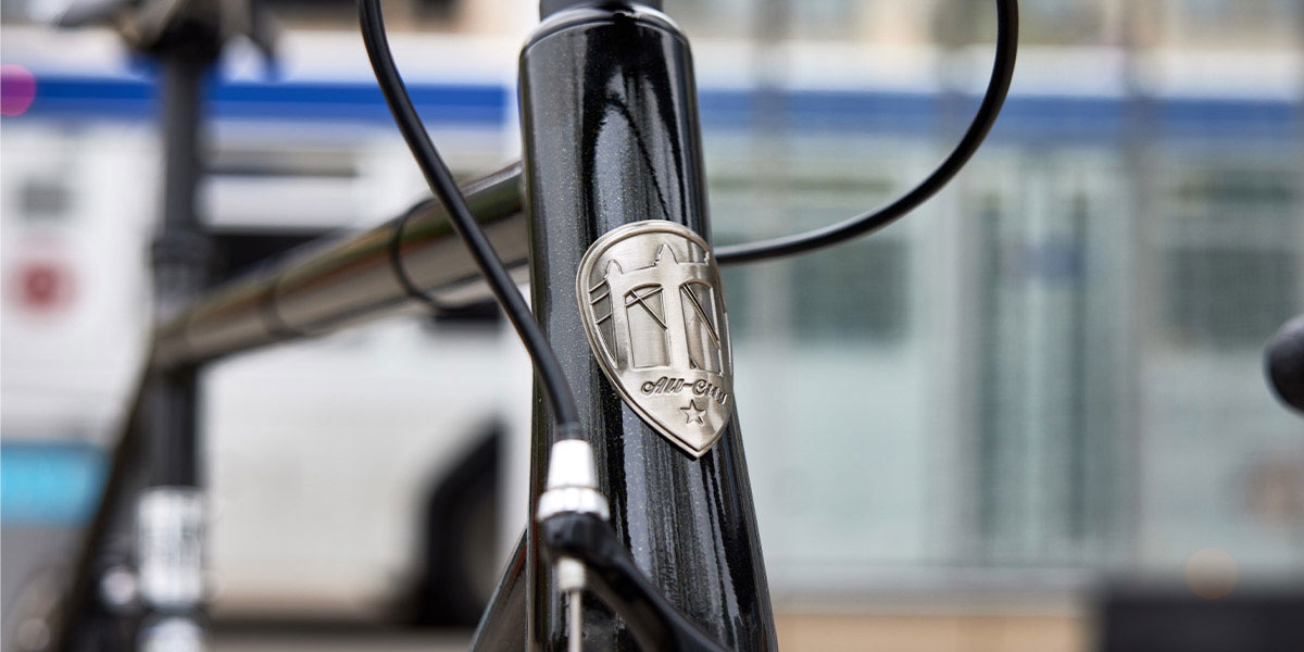 All-City Thunderdome bike close-up of head tube badge
