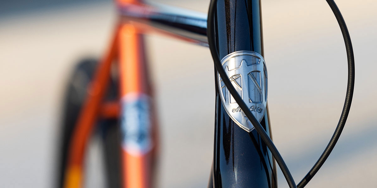Cosmic Stallion front view, close up of head tube badge