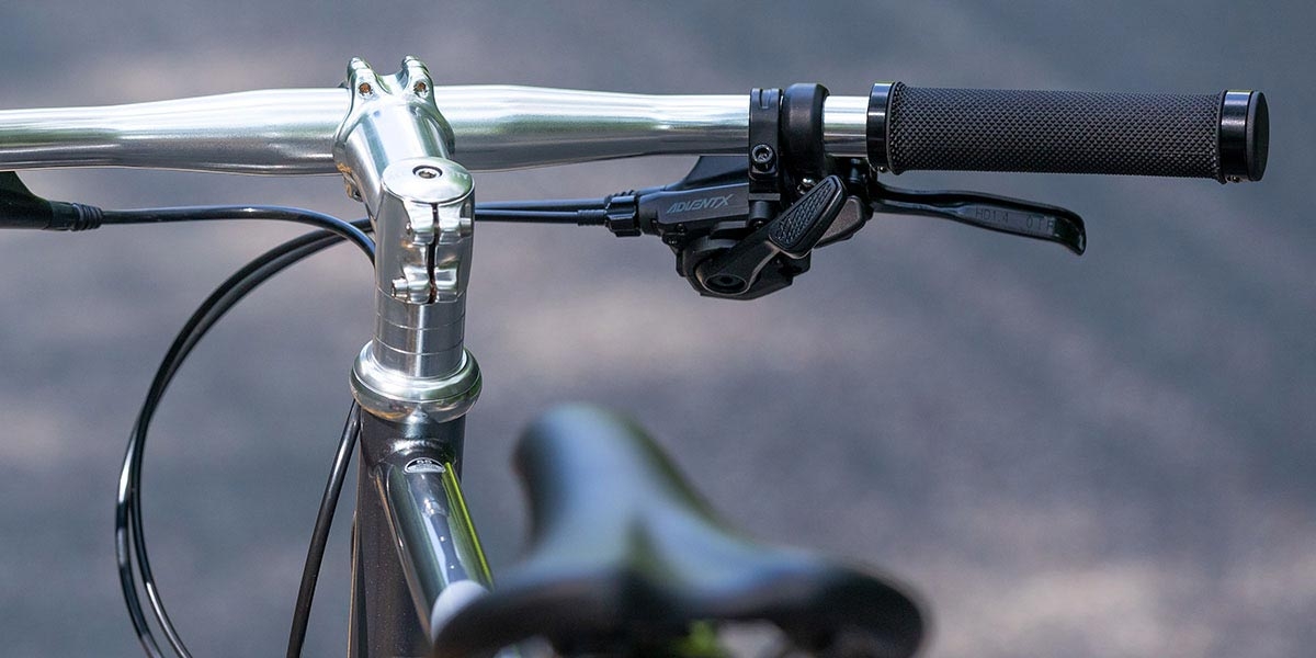 All-City Space Horse bike stem, handlebar, shifter, brake, and grip detail