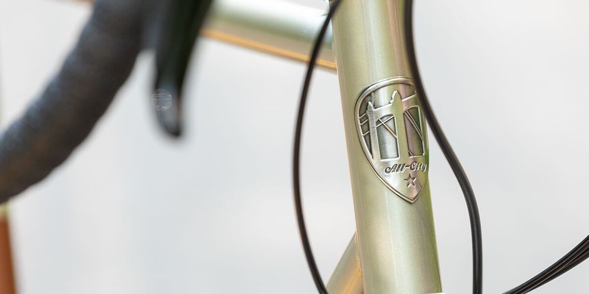 All-City gold Spacehorse bike, close up head tube and head badge view with an outdoor background