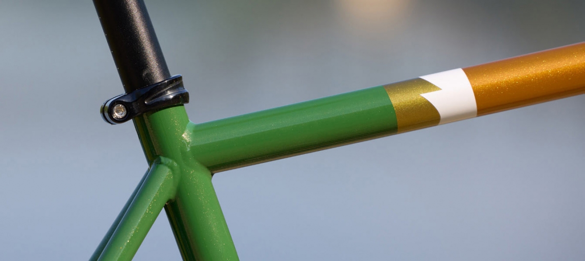 All-City Gorilla Monsoon in Tangerine Evergreen color, paint detail