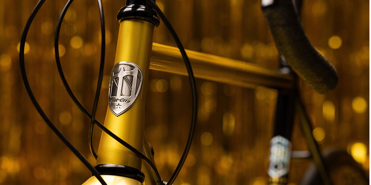 Headtube and head badge close-up on All-City Zig Zag Golden Leopard bike