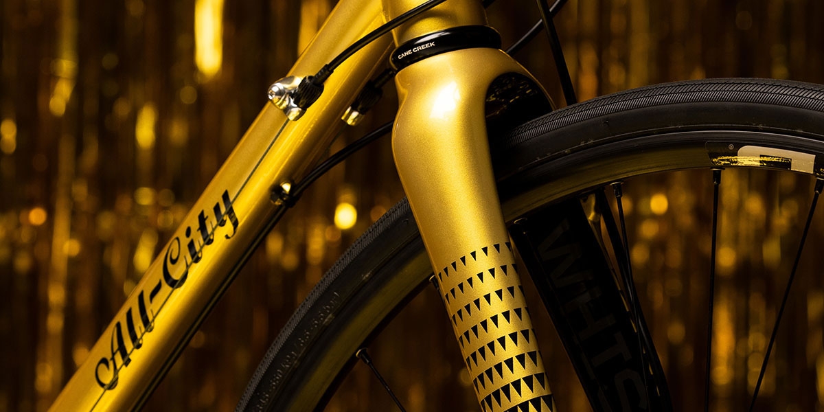 Close-up of Golden Leopard All-City Zig Zag 105 complete bike showing paint design on fork