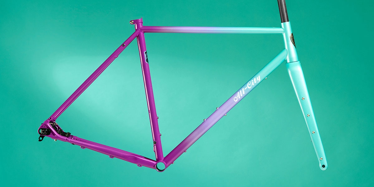 All-City Cosmic Stallion Mermaid Fade frameset side view on teal background