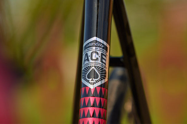 Close-up of A.C.E. frame decal on seat tube of Zig Zag Ultegra Sour Cherry Seltzer color