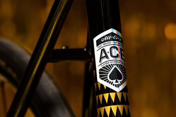 Close-up of A.C.E. frame decal on seat tube of Zig Zag Ultegra Honeydew Bling green color