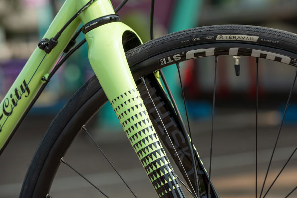Close-up of painted to match Whisky No.9 Carbon Fork on complete Ultegra bike, Whisky logo on inside of fork leg