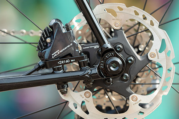 Rear dropout detail on non-drive side of Zig Zag bike showing flat mount Ultegra disc caliper mounted