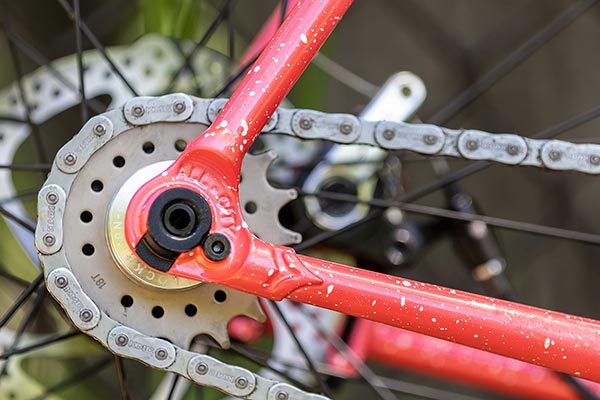 Close-up of drive-side rear dropout, cog, and chain of Nature Cross Single Speed bike