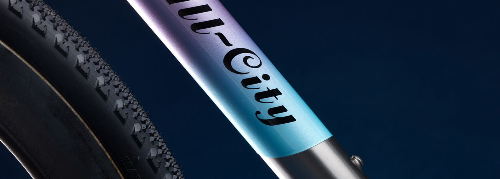 All-City Cosmic Stallion Titanium Frameset close-up of All-City logo on Laser Prism paint on down tube