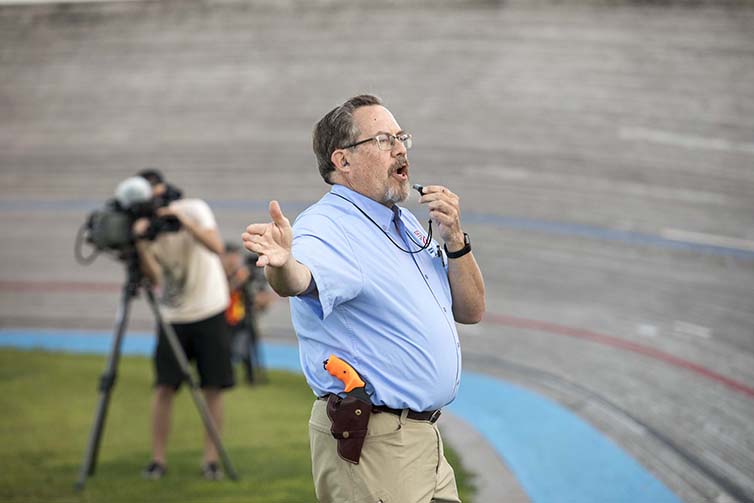 Officiant blows race whistle on the final day of Velodrome