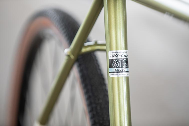 All-City Super Professional bike 612 Select Tubing decal on seat tube of Apex 1 Flash Basil colorway