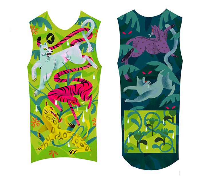 Night Claw illustrated jersey designs, big cats in different colors and patterns with jungle leaves