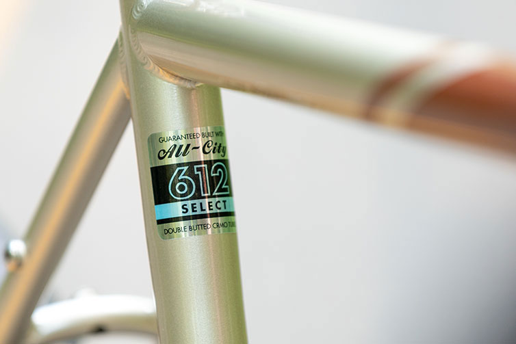 Close-up of 612 Select Tubing decal on Champagne Shimmer Space Horse GRX bike
