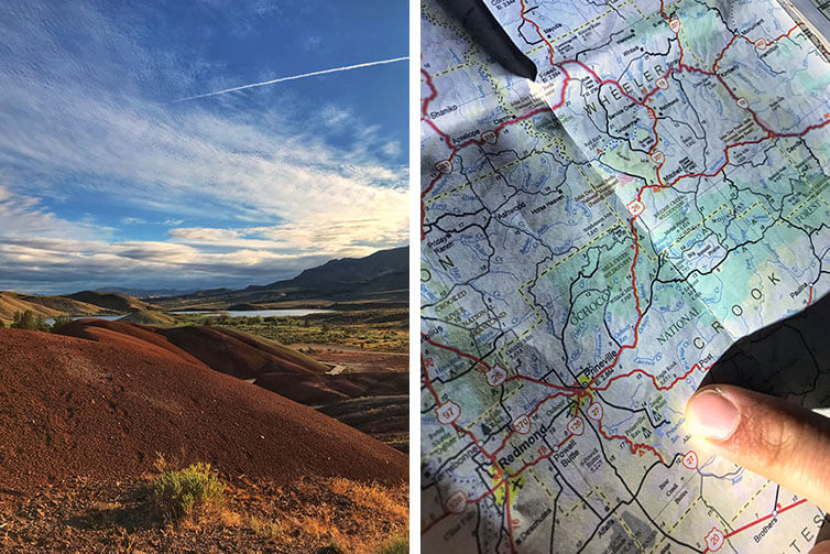 Collage: desert foothills and valley on sunny day, pointing on map location