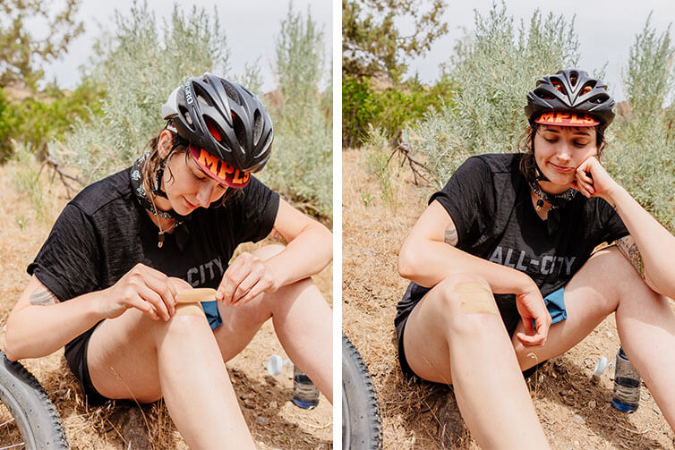 Collage: Alix soaking wet from stream crossing fall, sitting, applies band-aid to knee, sighs looking at knee