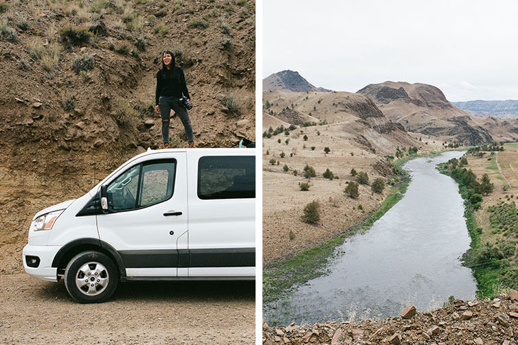 Collage: Gritchelle standing on top of Sprinter van, parked on desert road, with camera, view of river, desert foothills