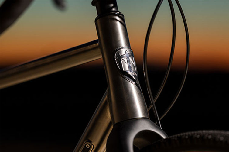 All-City Cosmic Stallion Ti custom complete bike, head tube and fork crown detail at sun set