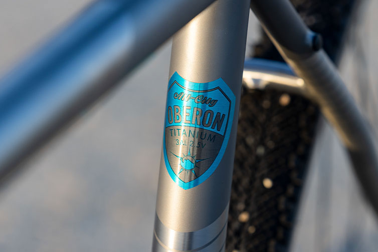 All-City Cosmic Stallion Ti, close-up of Oberon Titanium tubing decal on seat tube