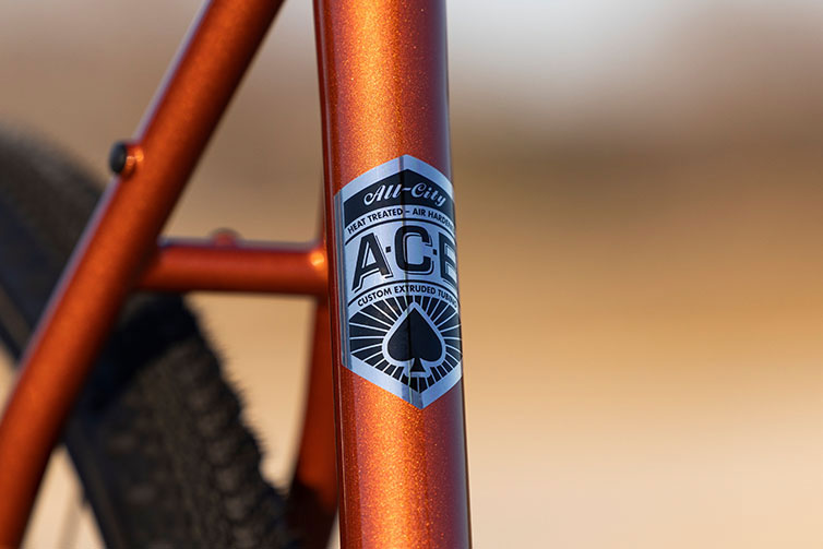 All-City Cosmic Stallion Rival AXS Wide complete bike, close-up of A.C.E. Steel Tubing decal on seat tube