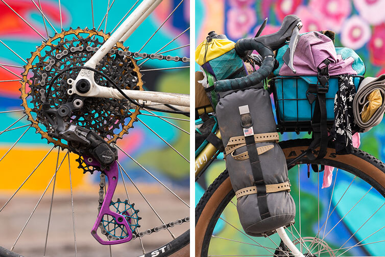 Kae-Lin Wang’s loaded Gorilla Monsoon bike, rear derailleur and cassette detail and front rack/bags set-up