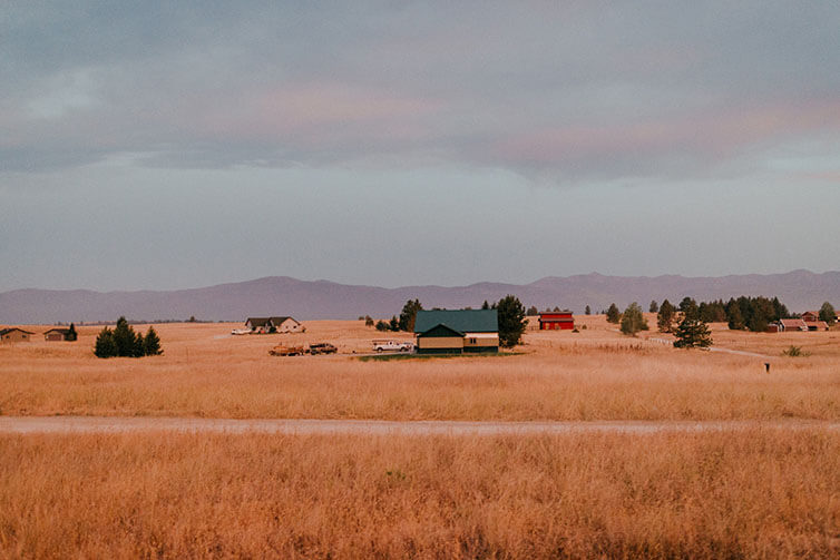 Houses in the valley, tall brown dead grass everywhere, mountain range in distance