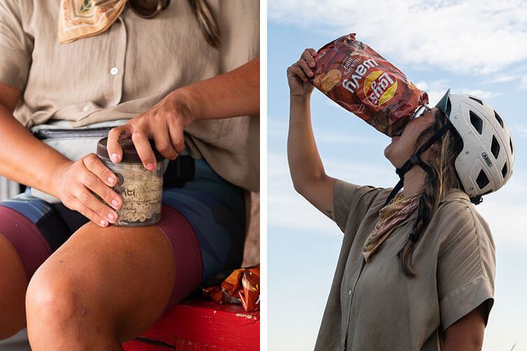 Kae-Lin snacking on Lays BBQ potato chips and cold soaked ramen nooldes