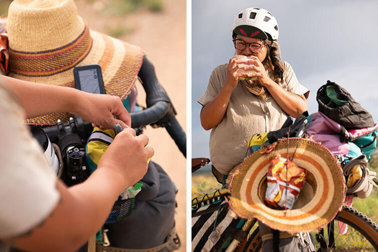 Kae-Lin packing handlebar bag and eating bagel sandwich