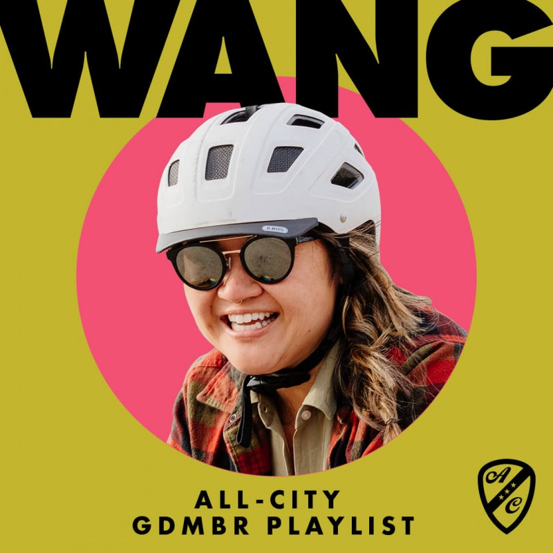 Wang All-City GDMBR Playlist - photo of Wang wearing helmet and sunglasses on illustrated style poster art