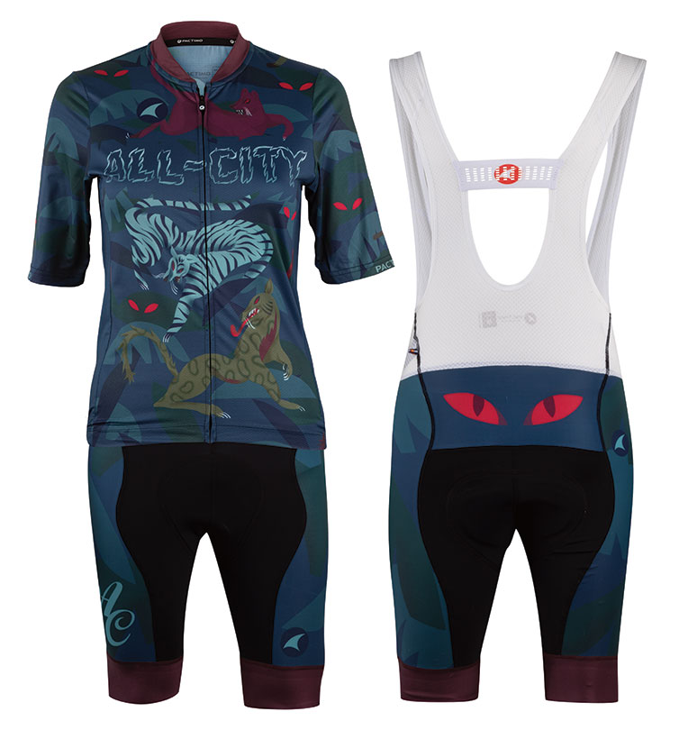 All-City Night Claw Jersey and Bib Shorts showing illustrated design, no model and on white background