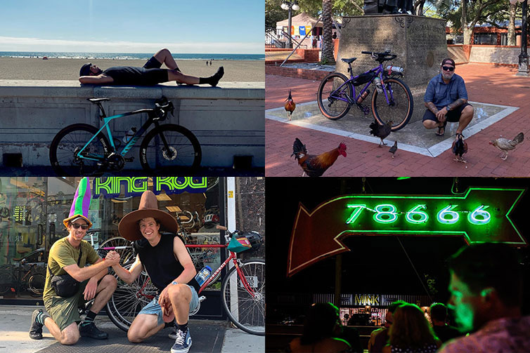 Collage; cyclist laying down near beach, two cyclists shaking hands in front of bike shop, people at bar, cyclist kneeling next to statue