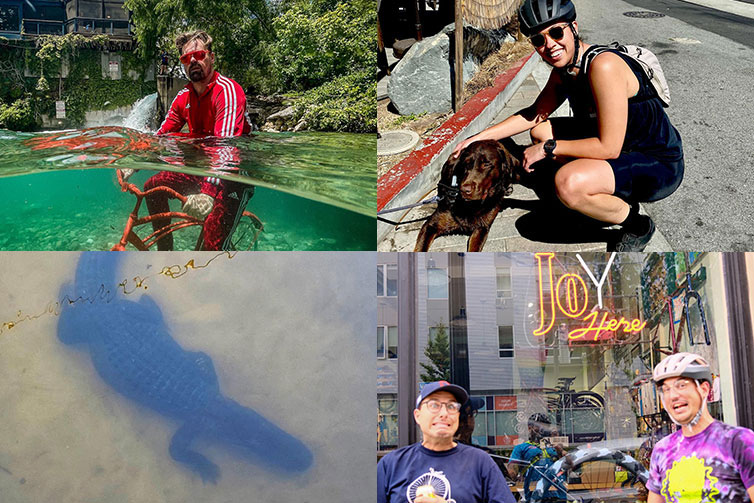Collage; cyclist riding bike underwater, cyclist petting dog, alligator underwater, two cyclists smiling in front of bike shop