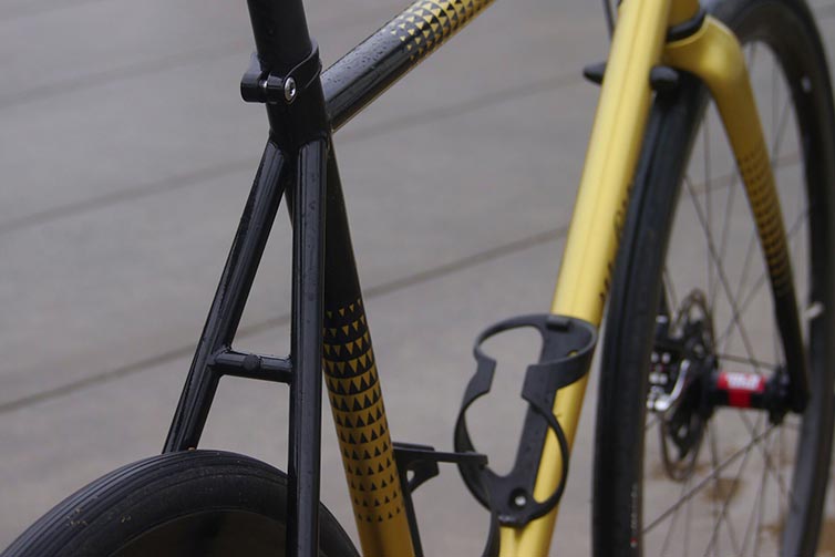 Close-up back to front of Zig Zag Golden Leopard custom bike