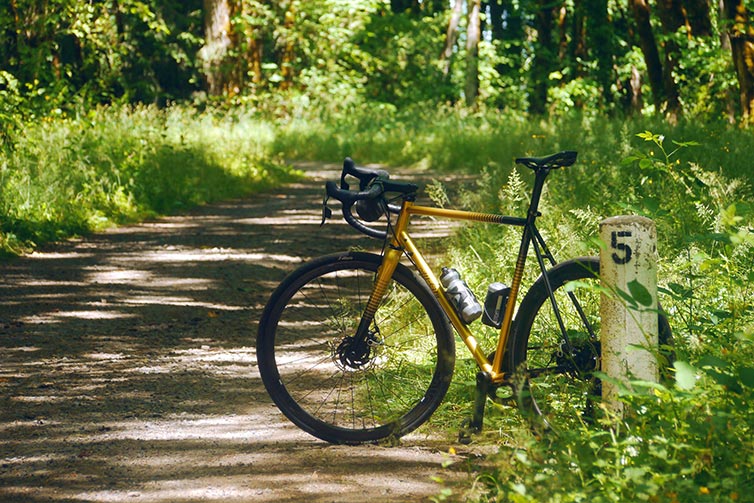 Zig Zag parked on side of gravel road  in tall grass