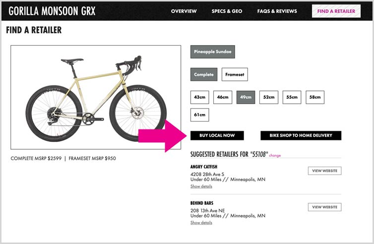 Gorilla Monsoon GRX procut detail page with arrow pointing to Buy Local Now button