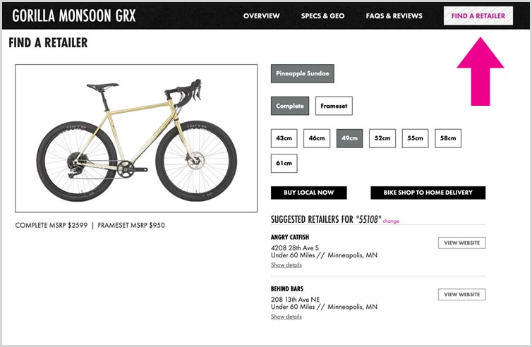 Gorilla Monsoon GRX product detail page and find a retailer button with arrow pointing to it