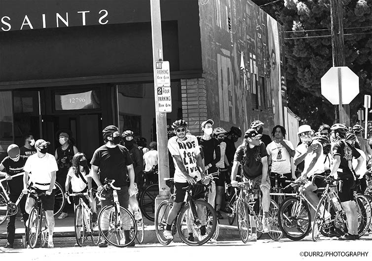 Ride for Black Lives cyclists gathered on street corner