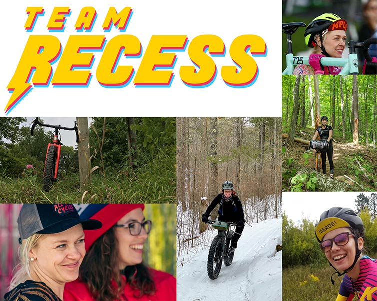 Team Recess, collage of cyclists in wooded singletrack, snowy singletrack, hanging out, racing and riding