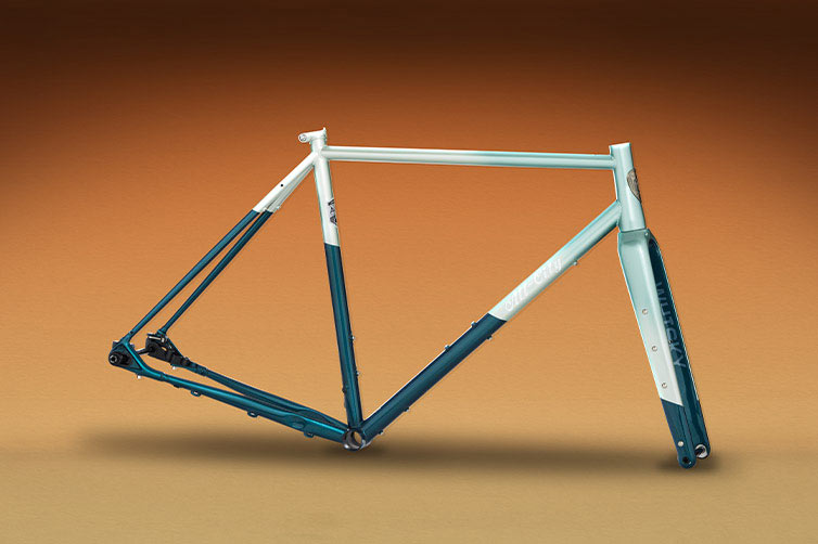All-City Cosmic Stallion frameset in Rainbow Trout color on orange background