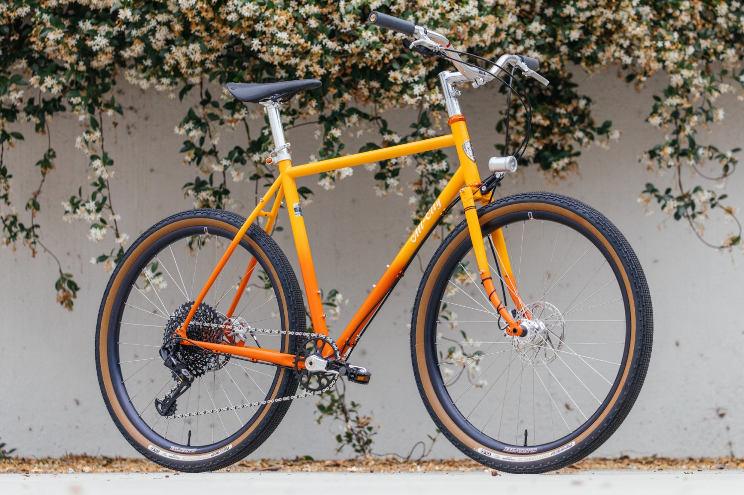 A bicycle with yellow frame