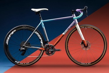 Diagonally split image of custom built Cosmic Stallion Ti frameset and steel Cosmic Stallion GRX bike