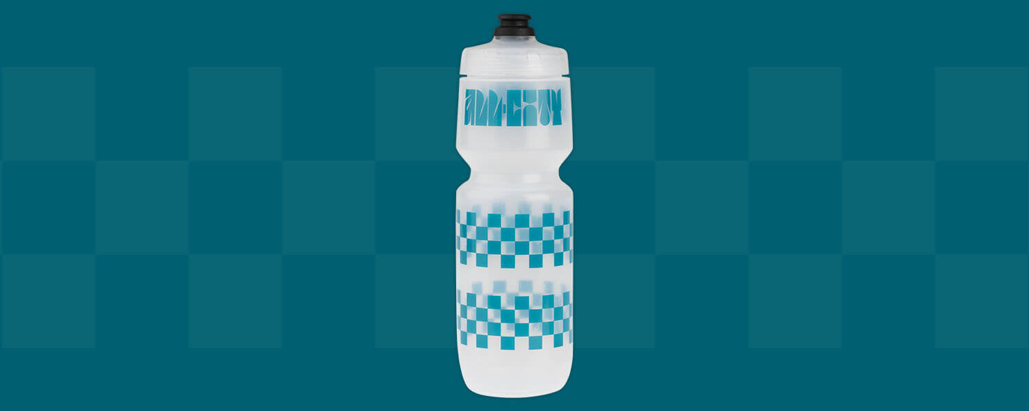 All-City Week-Endo Purist Water Bottle on teal checkered background design from bottle