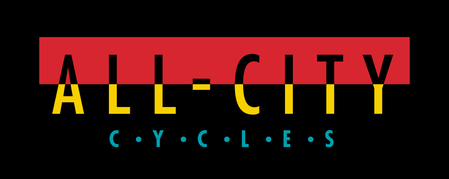 Black, red, yellow, and blue All-City cycles branded pattern