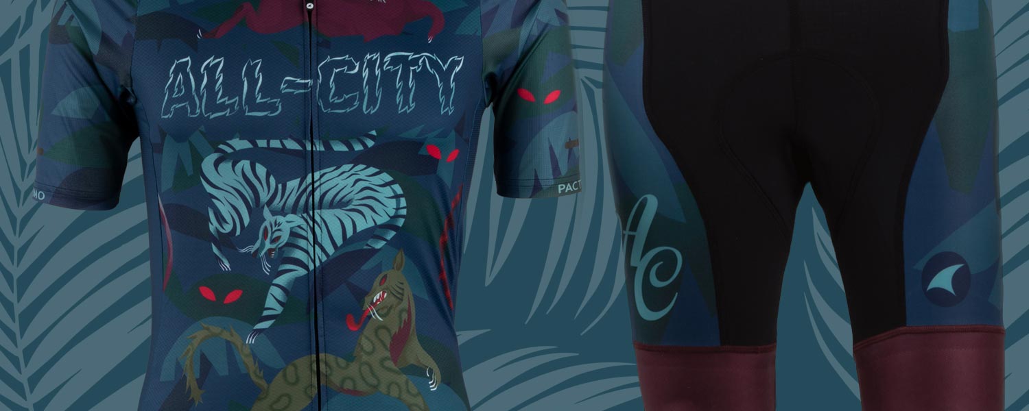 All-City Night Claw Jersey and Bib Shorts showing illustrated design on background using some of the same design