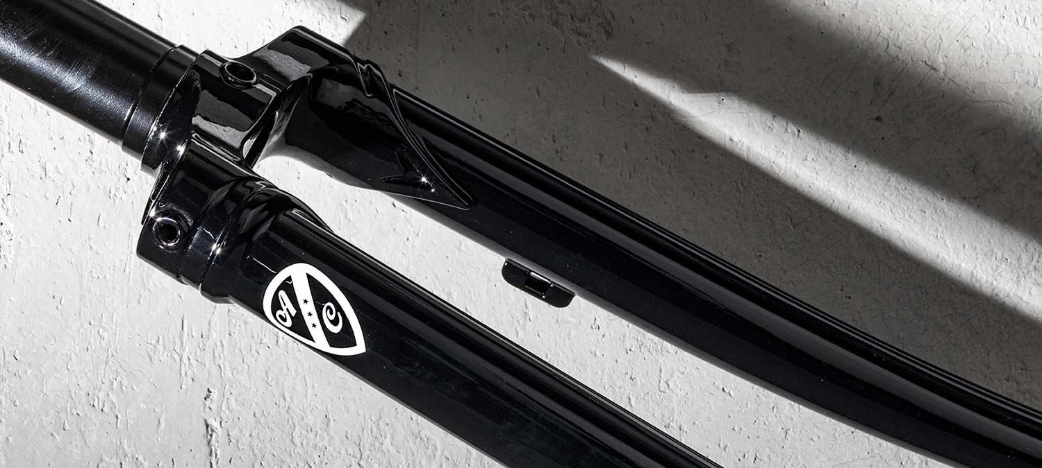 All-City Space Horse Fork, black, showing white All-City logo, crown detail, and steerer tube
