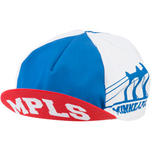 Blue, white, red All-City Hennepin Bridge cycling cap on white background front view, 4 of 8
