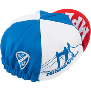 Blue, white, red All-City Hennepin Bridge cycling cap on white background back view, 5 of 8