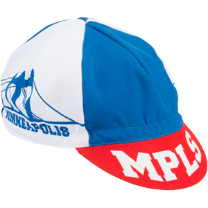 Blue, white, red All-City Hennepin Bridge cycling cap on white background front view, 3 of 8