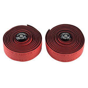 Two rolls of red All-City silicone Super Cush Bar Tape on white background, 2 of 3